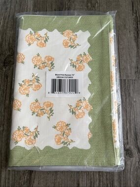 72” Floral Block Print Table Runner in Green and Peach